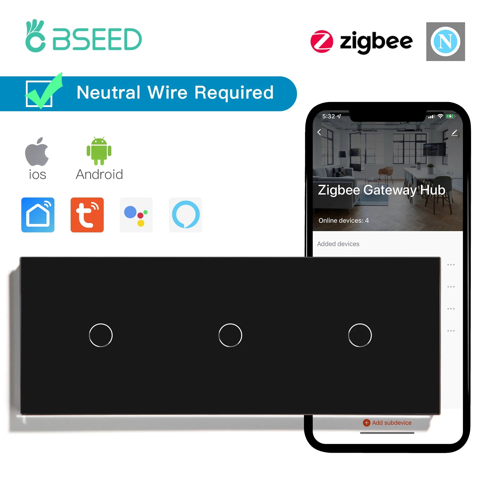 BSEED Zigbee Touch Switch — 1/2/3 Gang + Tomadas EU com Neutro