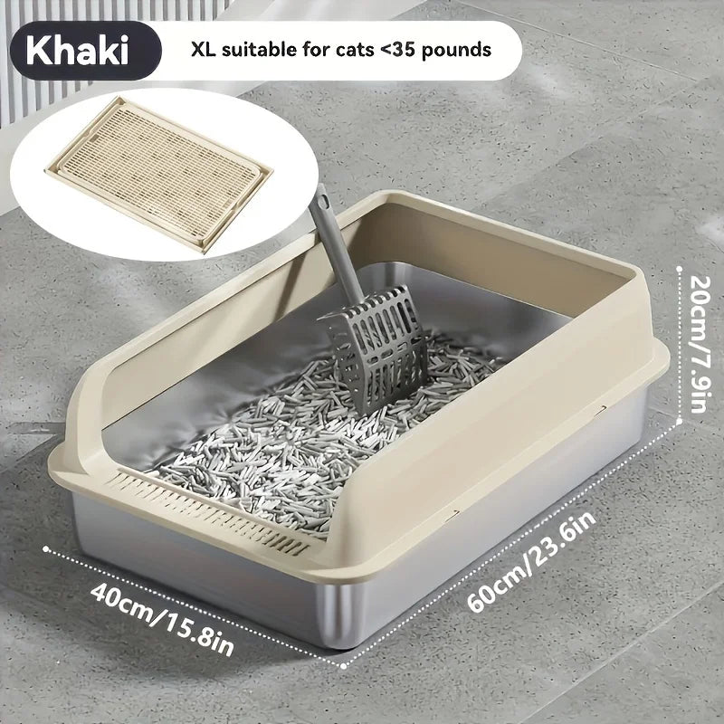 KEMORELA EXtra Large Stainless Steel Cat Litter Box with Lid - Enclosed LitterPan High-Sided Resistant Leak-Proof Cat Litter Mat