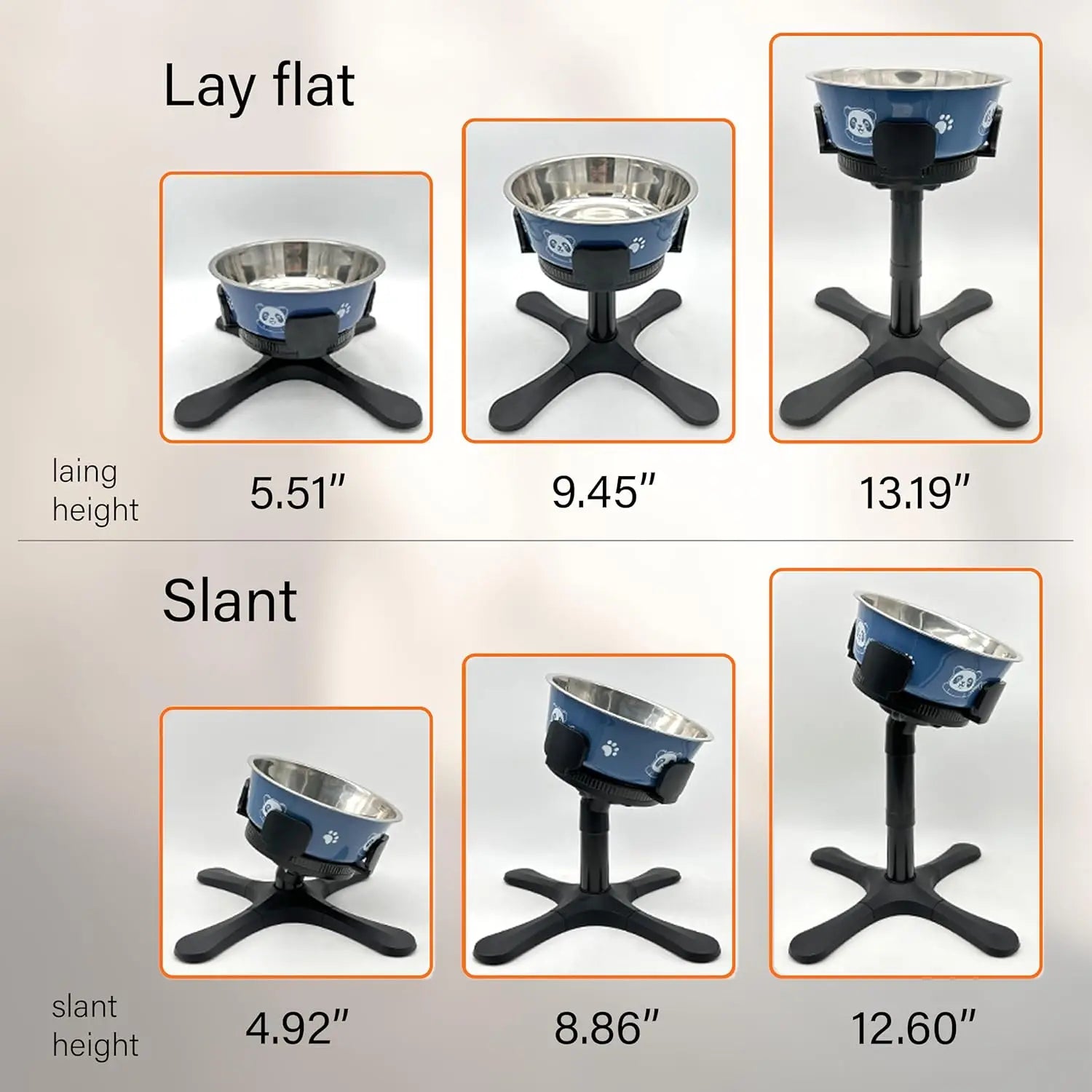 Adjustable elevated bowl stand with non-slip base, 3 height tilt settings (14-24.5cm). Stainless steel dish bowls for dogs and cats.
