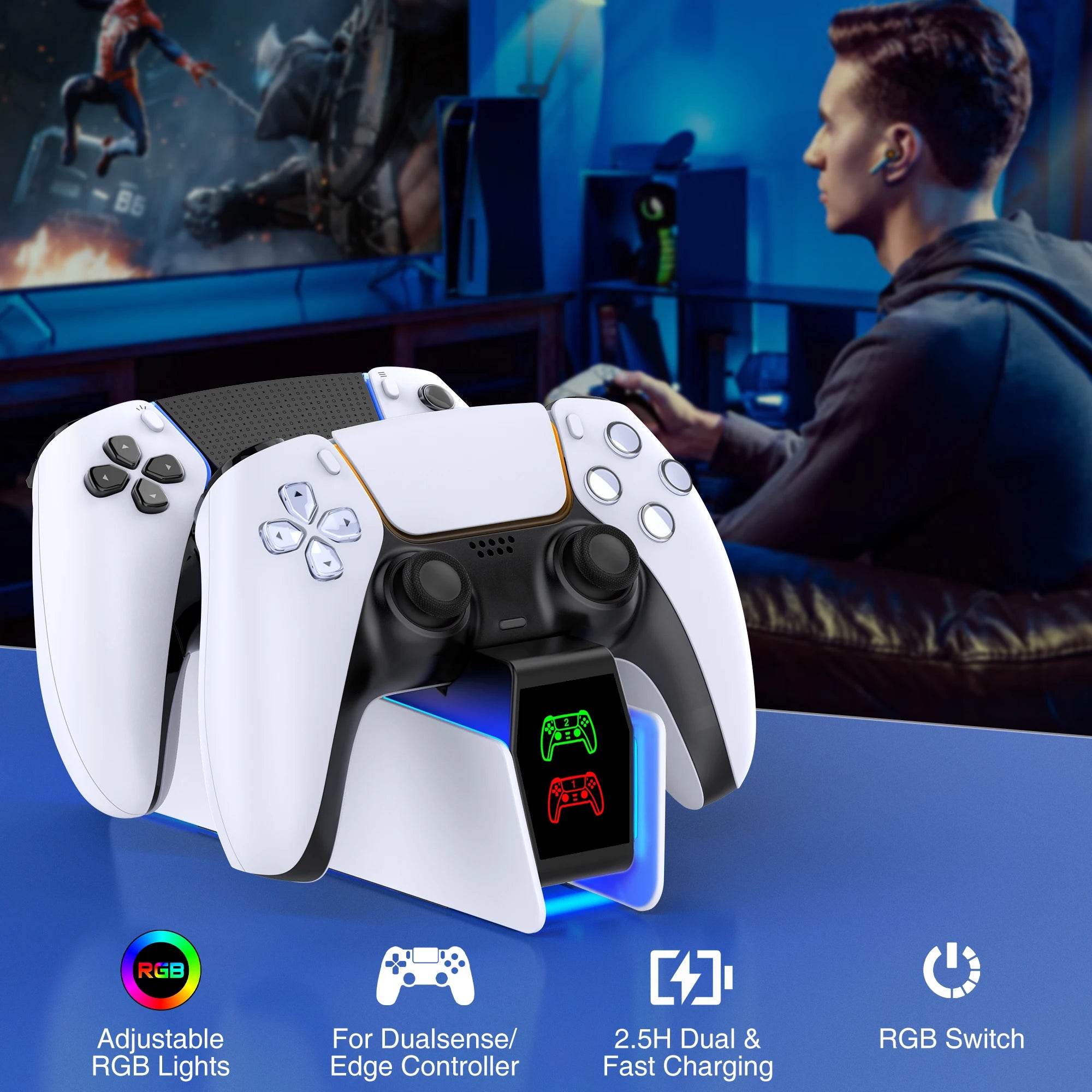 RGB Controller Charging Station For PS5 Dual Fast Charger RGB Indicator Charging Stand Docking Station For PS5 Gamepad