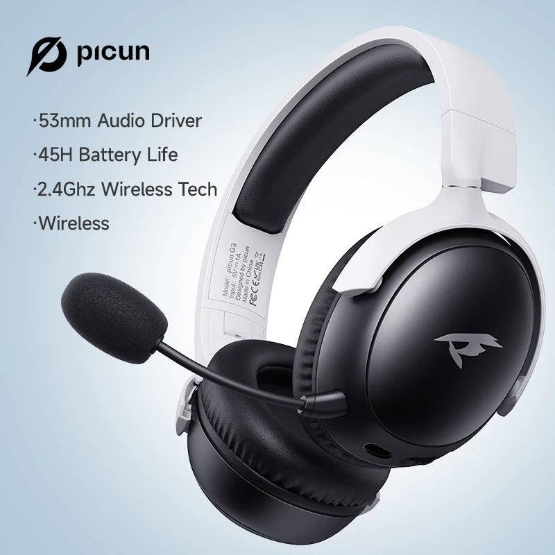 Picun G3 Gaming Wireless Headphone with Mic Over-Ear Headphones Bluetooth 5.4 40mm Driver 2.4G/Wireless/Cable USB Headsets 65H