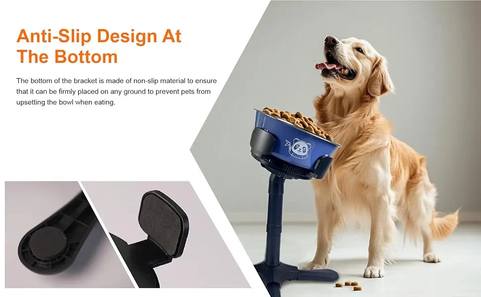 Adjustable elevated bowl stand with non-slip base, 3 height tilt settings (14-24.5cm). Stainless steel dish bowls for dogs and cats.