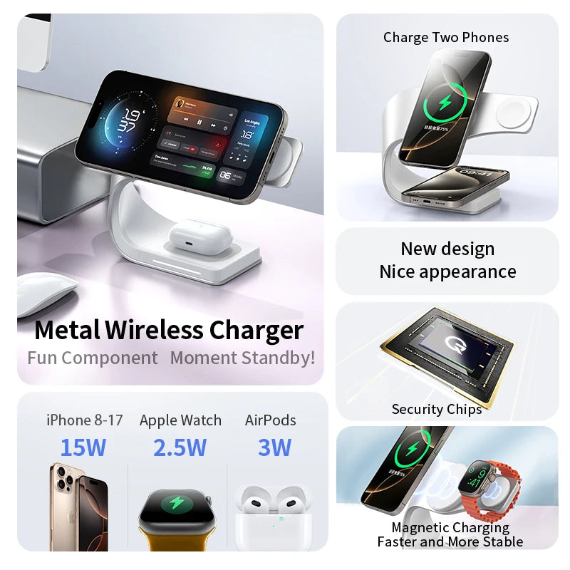 4 in 1 Wireless Charger Metal Shell Magnetic 15W Fast Charging Station Stand for iPhone 12-17 Mobile Phones Airpods Apple Watch