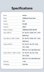 Vention 10000mAh Power Bank — 35W Fast Charge Mini USB‑C 3C