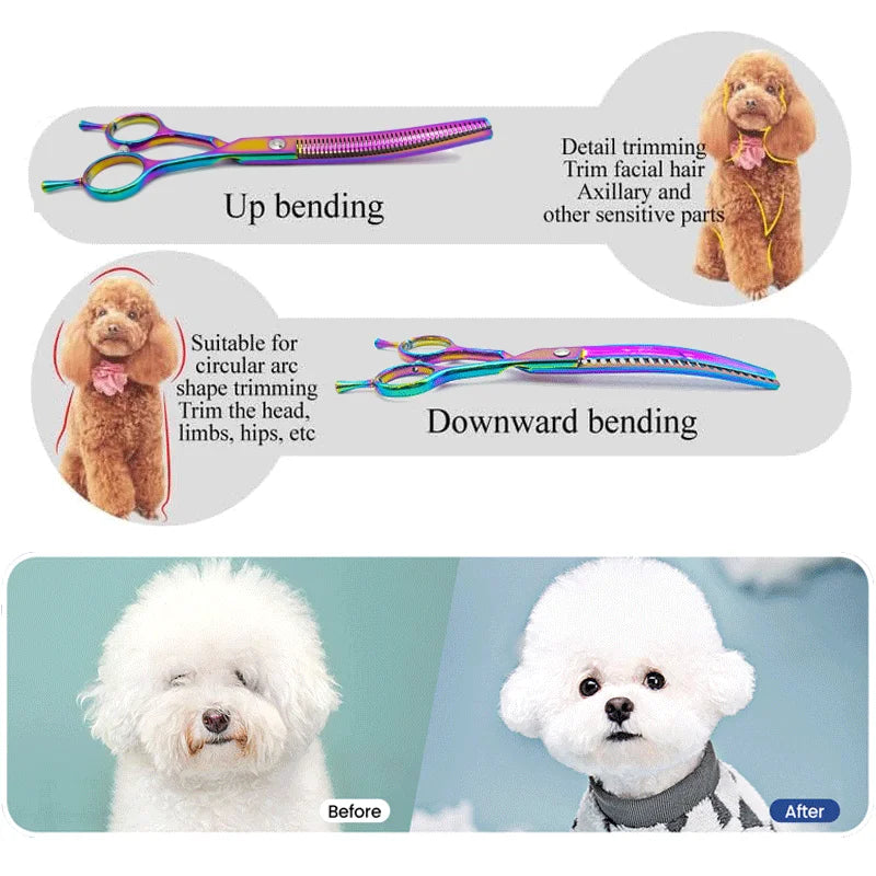 Colorful curved dog trimming clippers, 7.0 inch professional dog cutting scissors, pet trimming scissors.