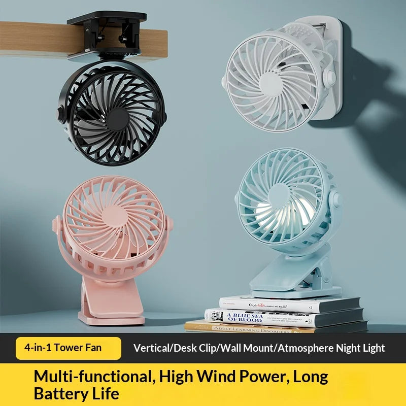HOMEFISH Portable Rechargeable Clip Fan 720° Rotatable Hanging Fan with Night Light Air Cooler for Outdoor Camping Fan