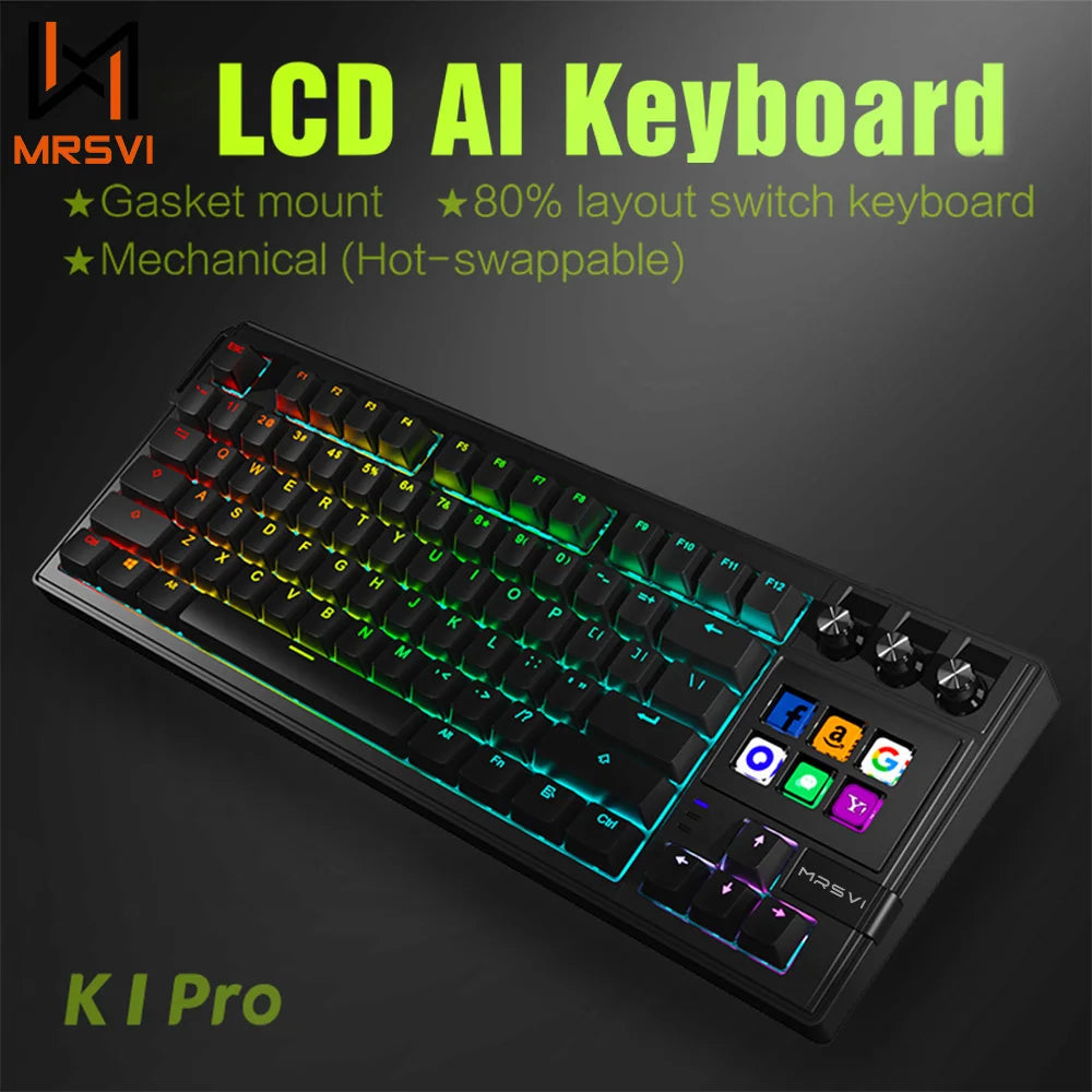 MRSVI K1 PRO Visual LCD AI Keyboard 80% Gaming Mechanical Keyboard Macro Red Axis Wired Detachable Cable RGB Backlight Hot Swap