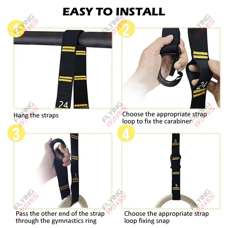 Anéis de Ginástica em Madeira com Fitas Numeradas Ajustáveis