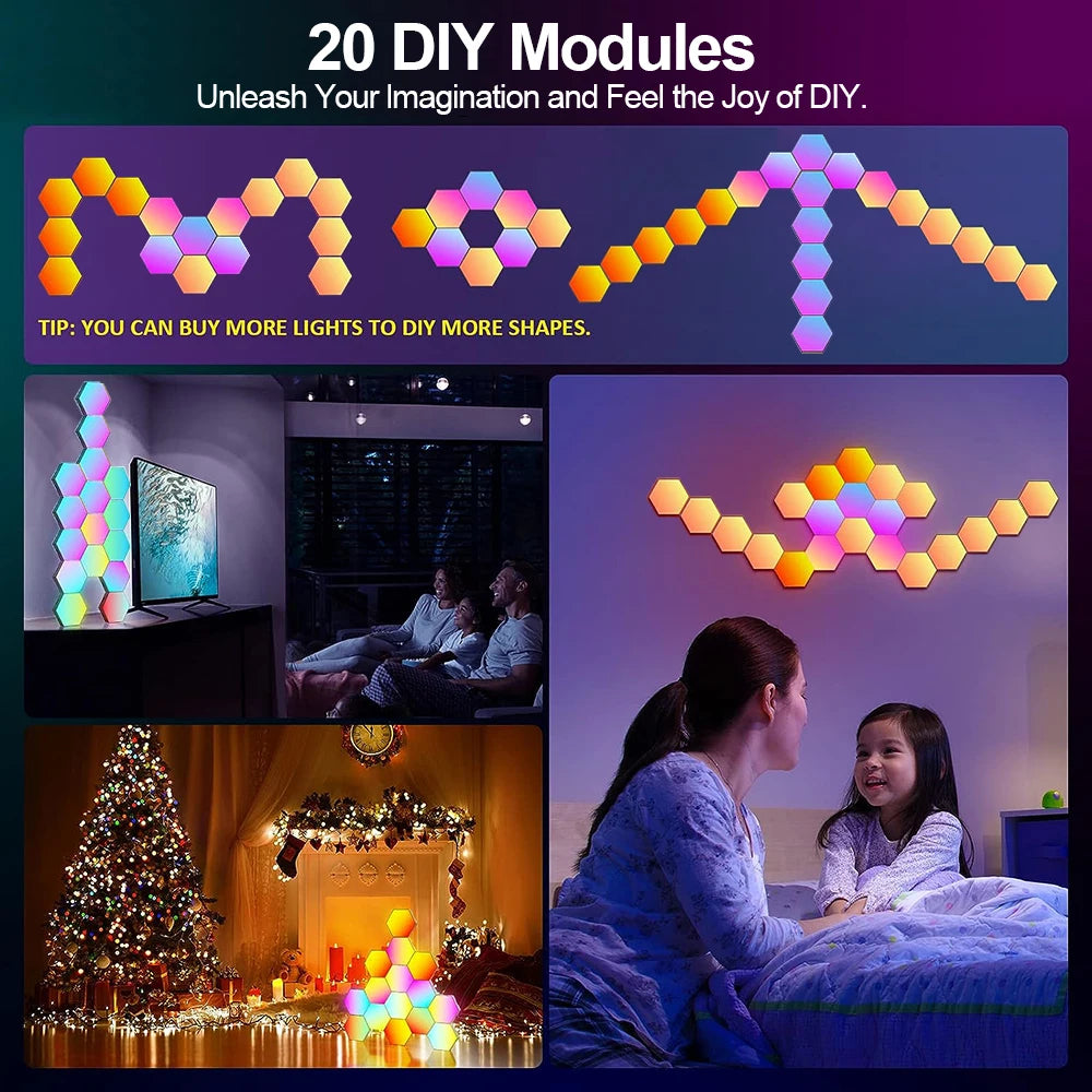 RGB Smart Hexagonal Wall Lamp Color Changing Ambient Night Light DIY Shape Music Rhythm APP For Game Room Bedroom Intelligent