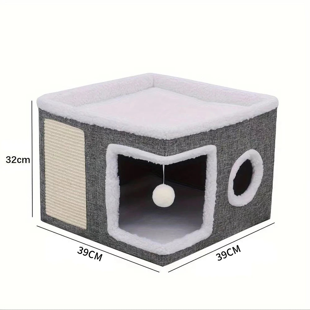 4-Season Multi-Level Cat House - Foldable Indoor Design, Scratching Board & Non-Slip Base 30LB Capacity, Warm Cat Bed Cat Cave