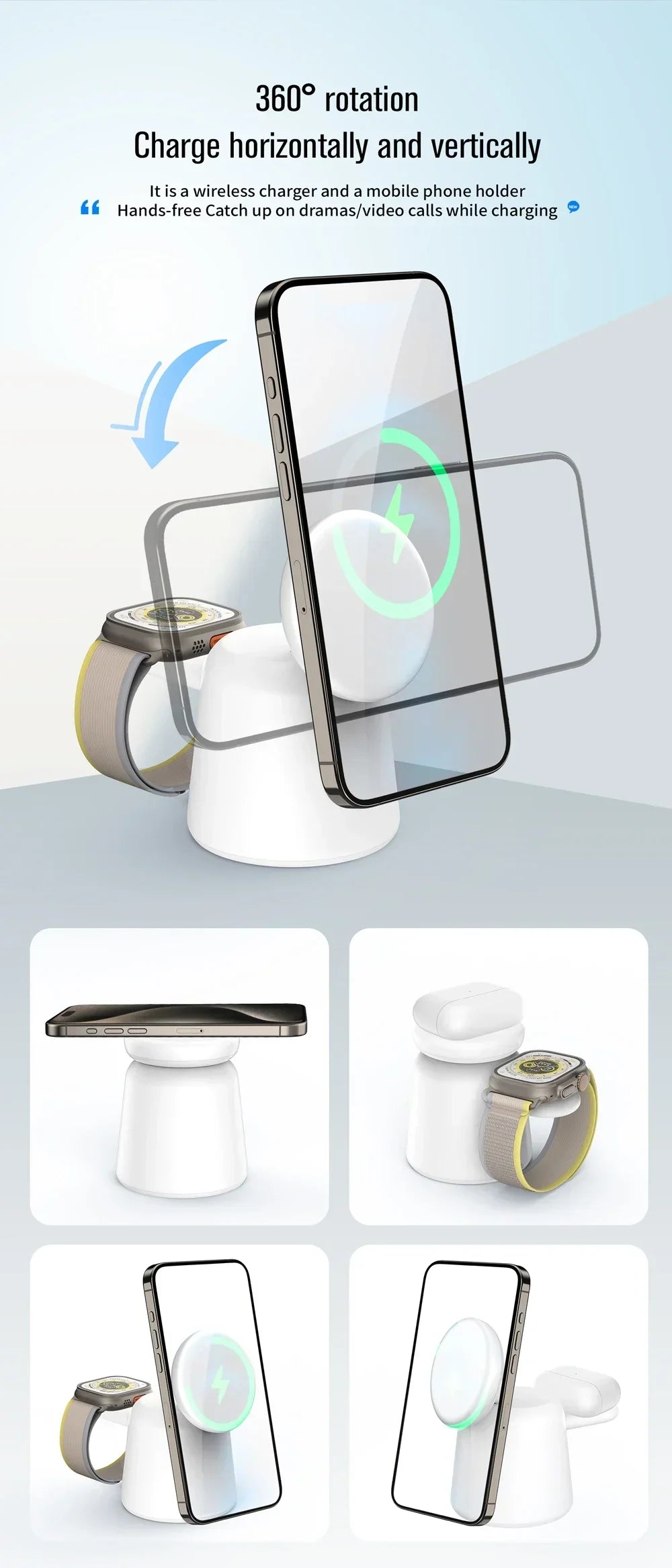 3 in 1 Magnetic Wireless Charger Stand For Magsafe iPhone 15 14 13 12 Pro Max Airpods IWatch 9 8 7 6 Fast Charging Dock Station