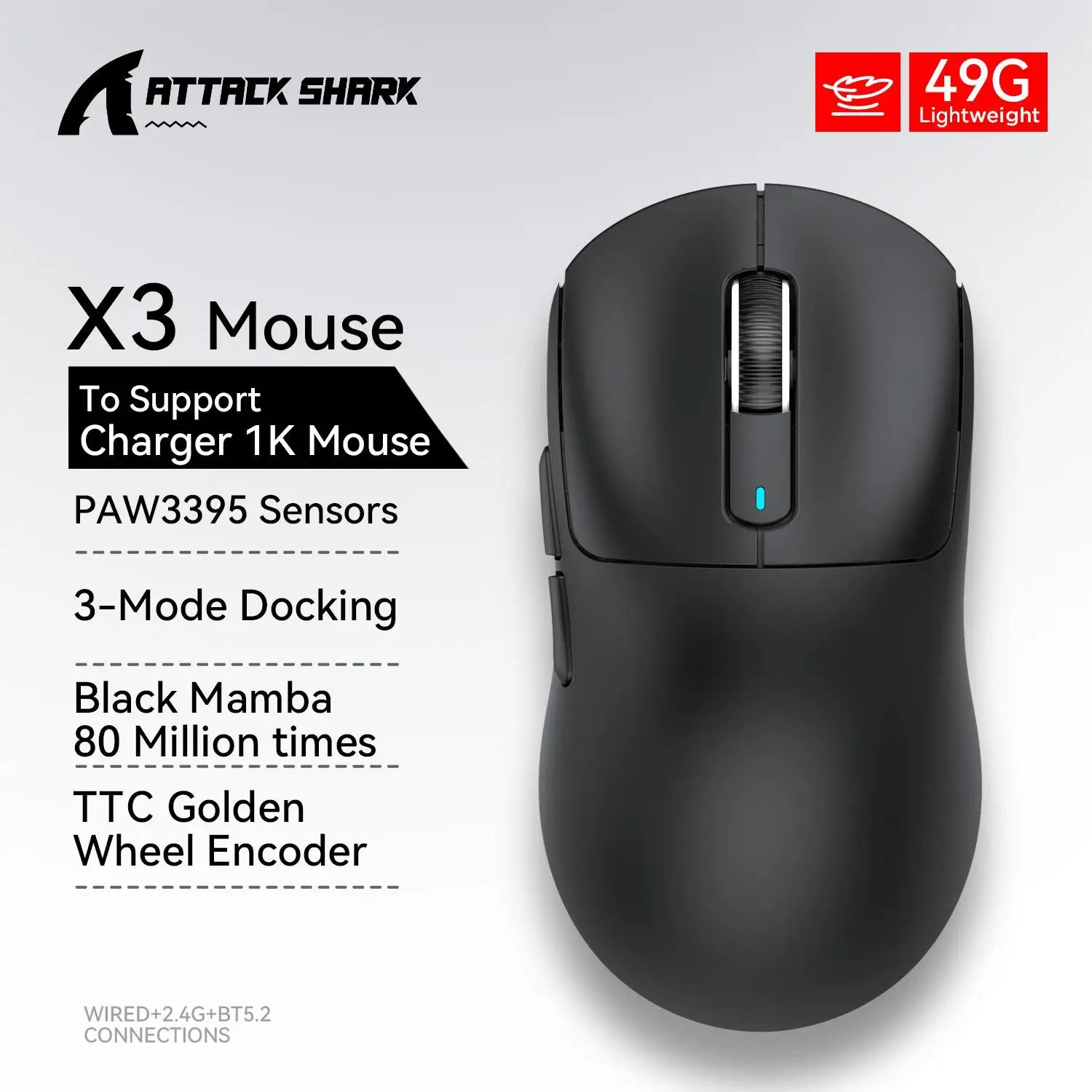ATTACK SHARK X3 Lightweight Wireless Bluetooth Mouse Tri-Mode Connection,PAW3395,Macro Bluetooth Gaming Mouse