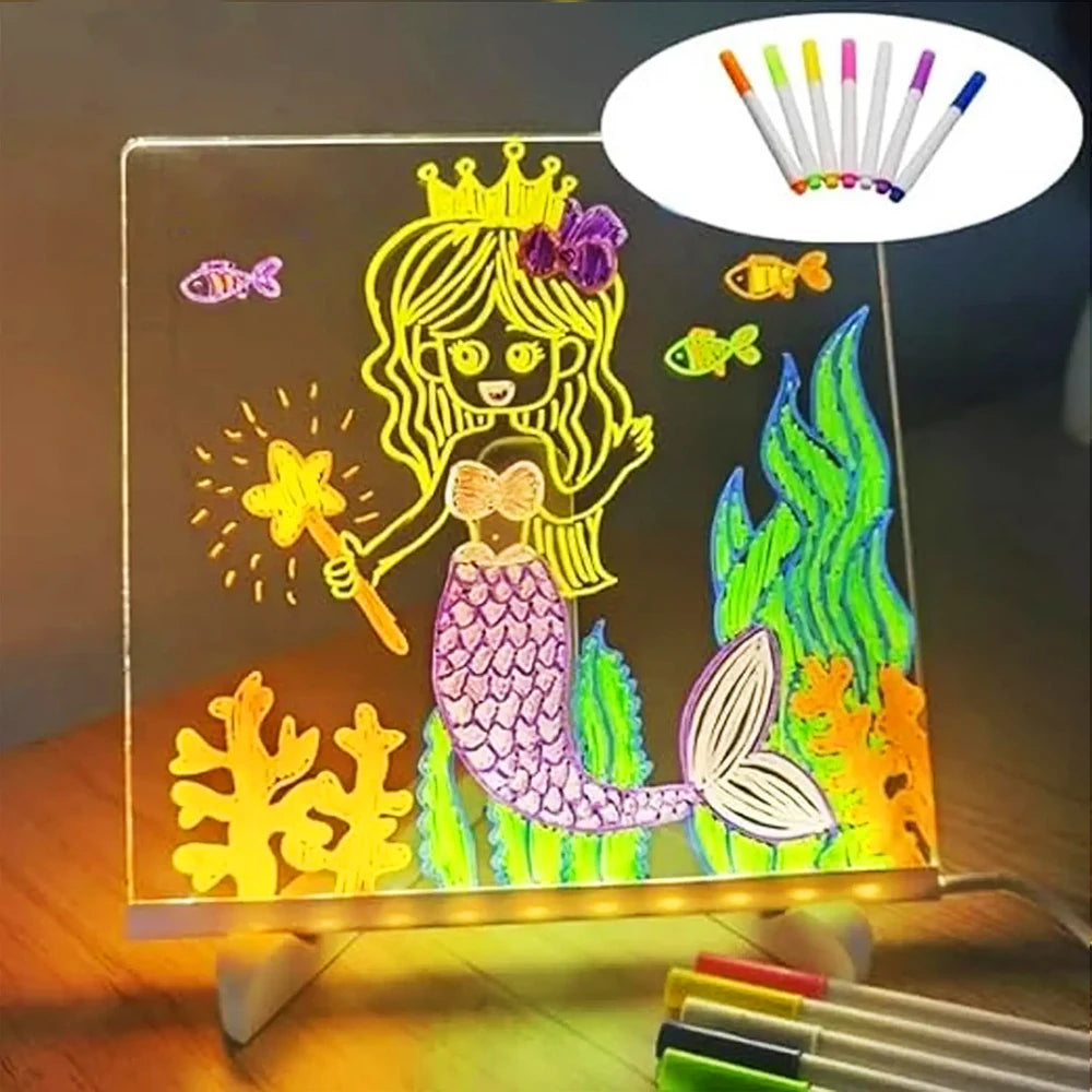 LED Note Board With Night Light Colorful 7 Pens DIY Acrylic Message Board Children's Drawing Board For Kids Birthday Gift
