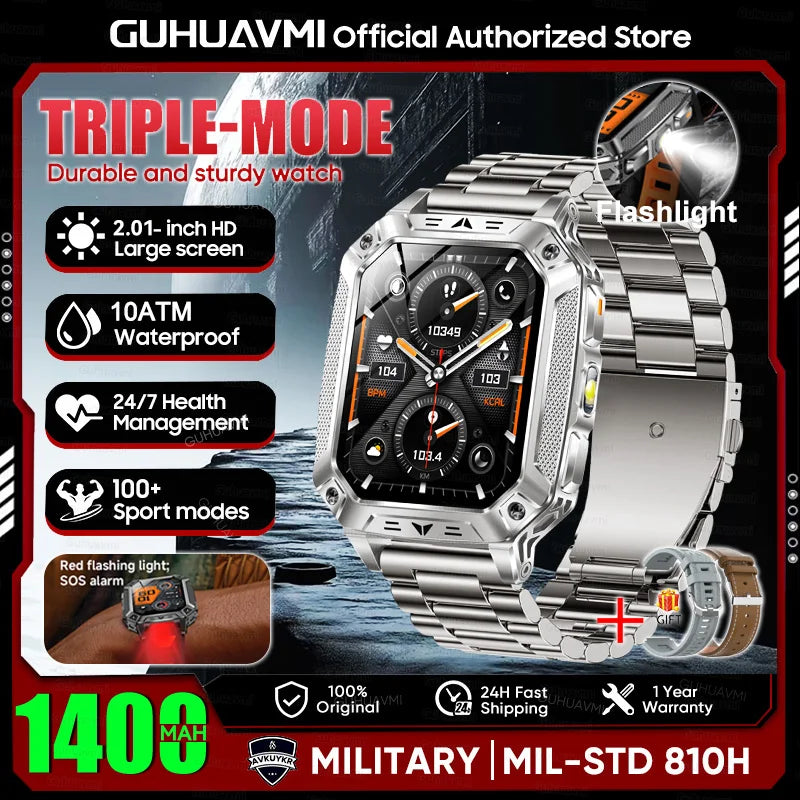 New Rugged Military Smart Watch Men 1400mAh Battery 2.01inch AMOLED Bluetooth Call 10ATM Waterproof LED Flashlight Smart Watch