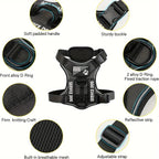 Arnês Tático Anti‑Puxões para Cães com Tiras Refletoras Noturnas Reforçadas