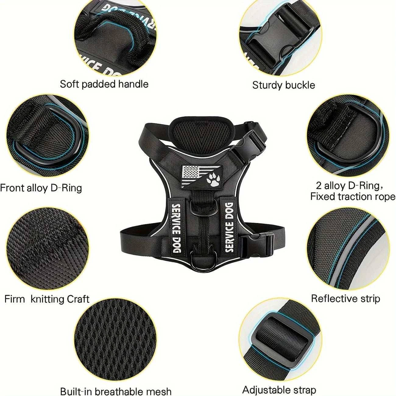 Anti-Pull Tactical Dog Harness with Night Reflective Strips, Heavy-Duty Nylon Military-Grade Vest-Style Leash for Large Dog