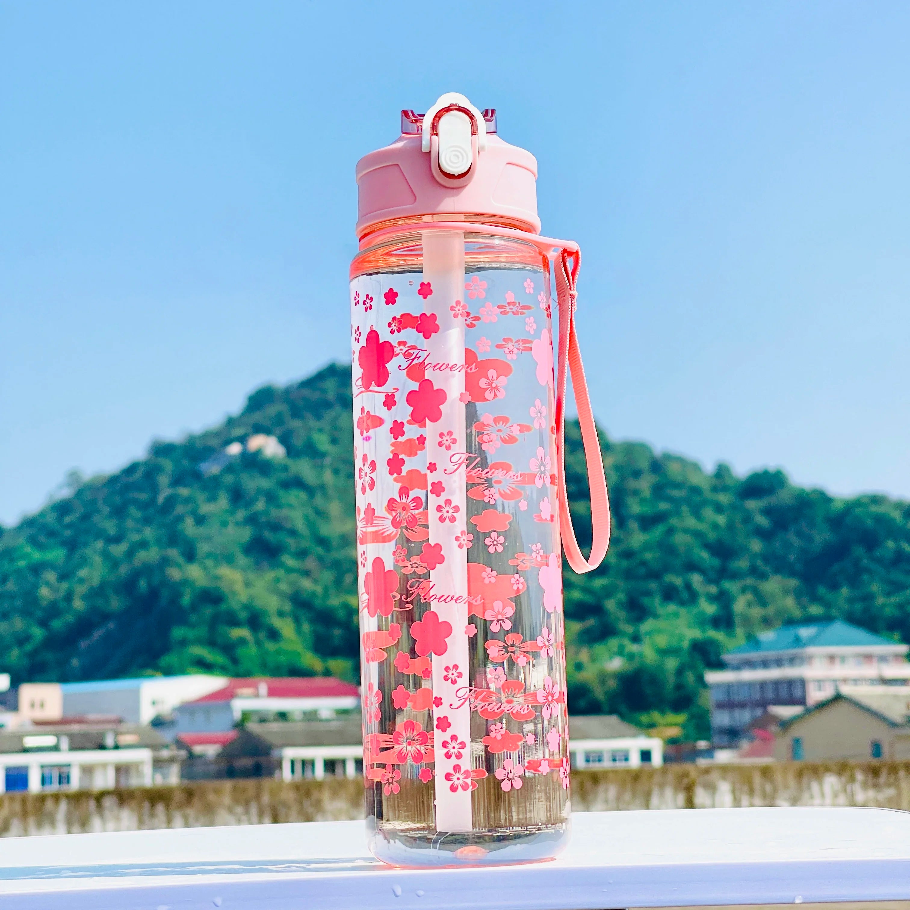 Garrafa 800ml com Palhinha – Design Cherry Blossom, Grande para Outdoor
