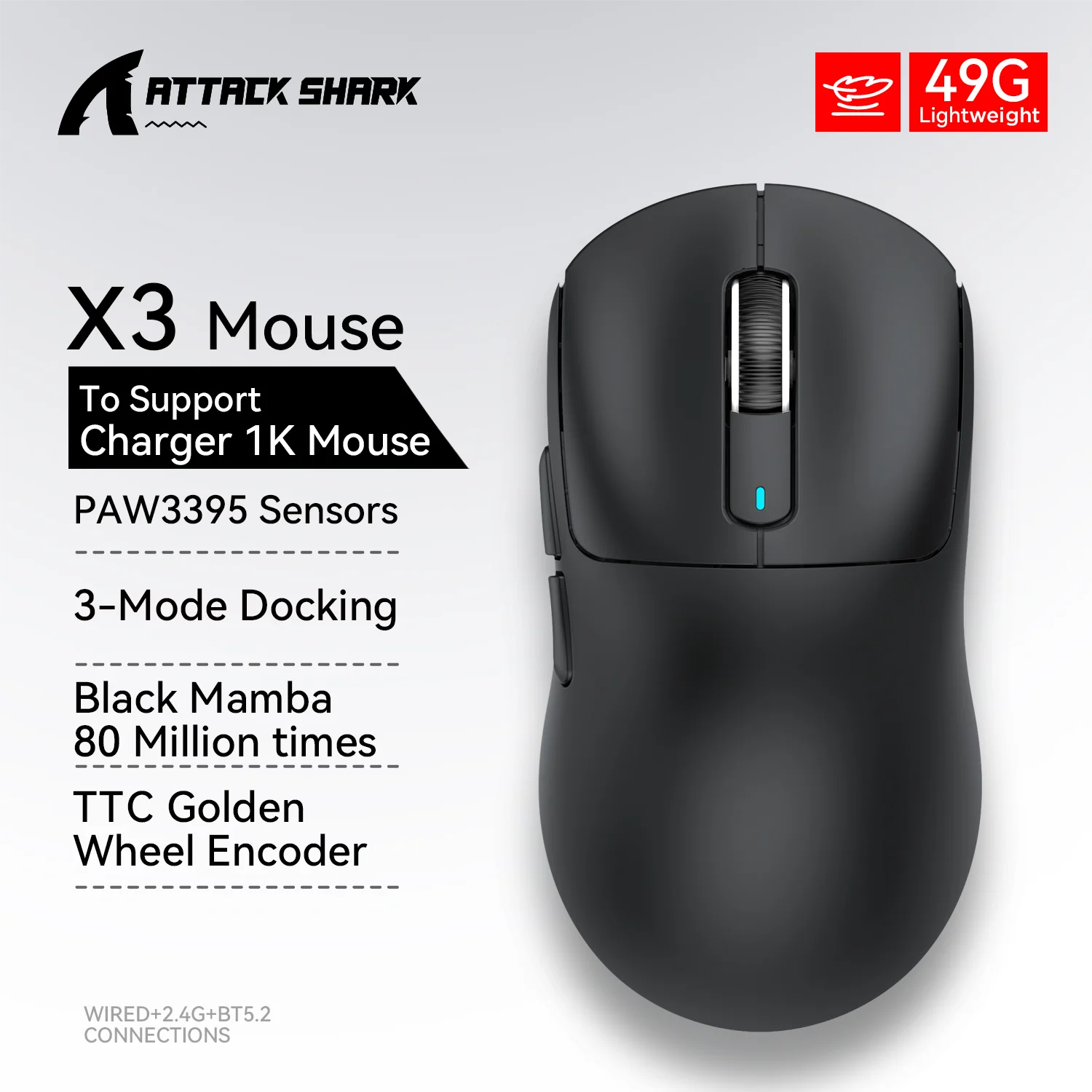 Attack Shark X3 PixArt PAW3395 Wireless Mouse, 26K DPI Lightweight Mouse ,Tri-Mode Macro Gaming Mouse,Laptop/win/mac