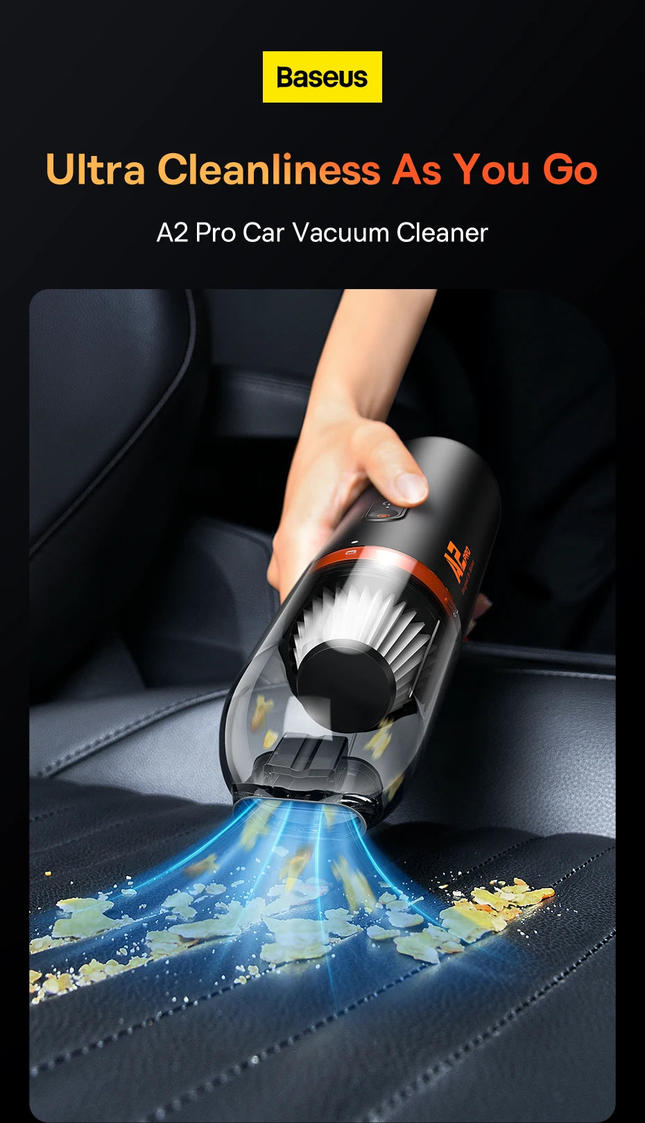 Aspirador Portátil Baseus 6000Pa 2‑em‑1 para Carro, Casa e Escritório