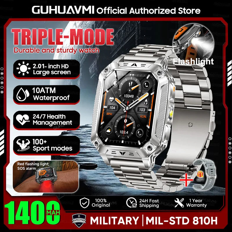 New Rugged Military Smart Watch Men 1400mAh Battery 2.01inch AMOLED Bluetooth Call 10ATM Waterproof LED Flashlight Smart Watch