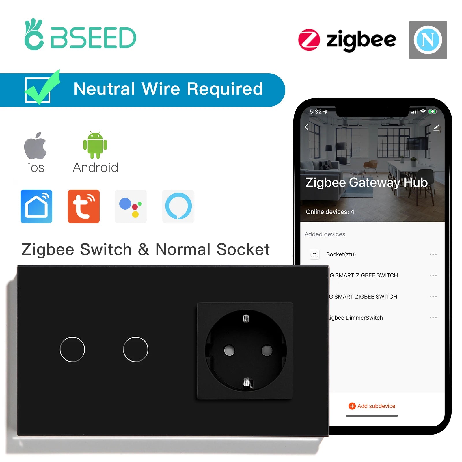 BSEED Zigbee Touch Switch — 1/2/3 Gang + Tomadas EU com Neutro