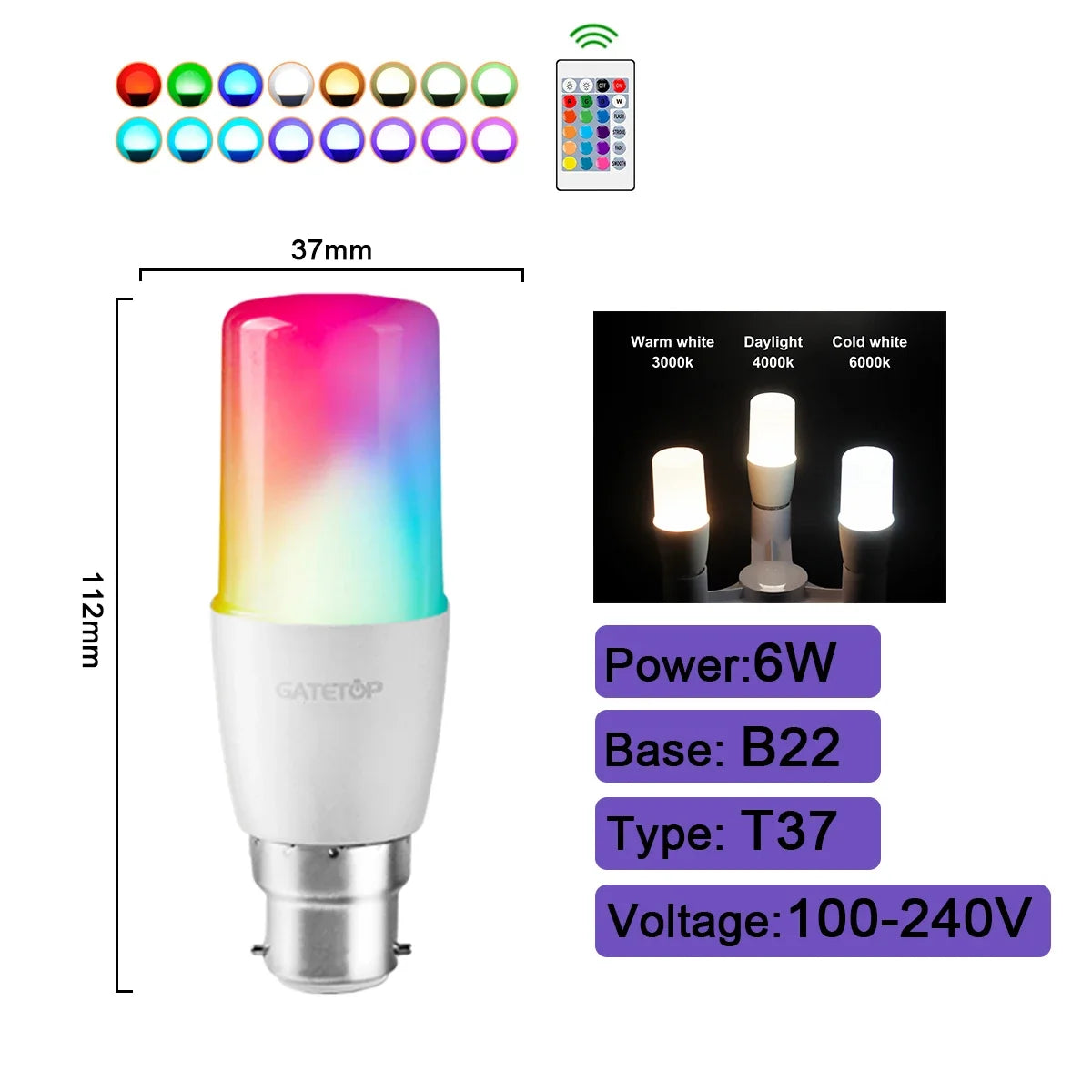 1-10PCS Smart RGBW LED Bulb Spotlight E27 E14 B22 GU10 6W 10W with infrared remote control suitable for colorful home lighting.