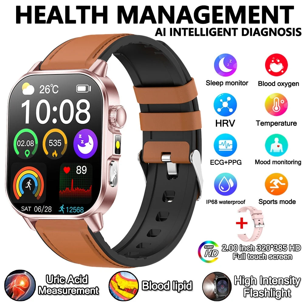 2026 New Model Uric Acid & Lipid Health Analysis Smartwatch Men's ECG+PPG Bluetooth Call 2.01 inch Flashlight Smartwatch Women's