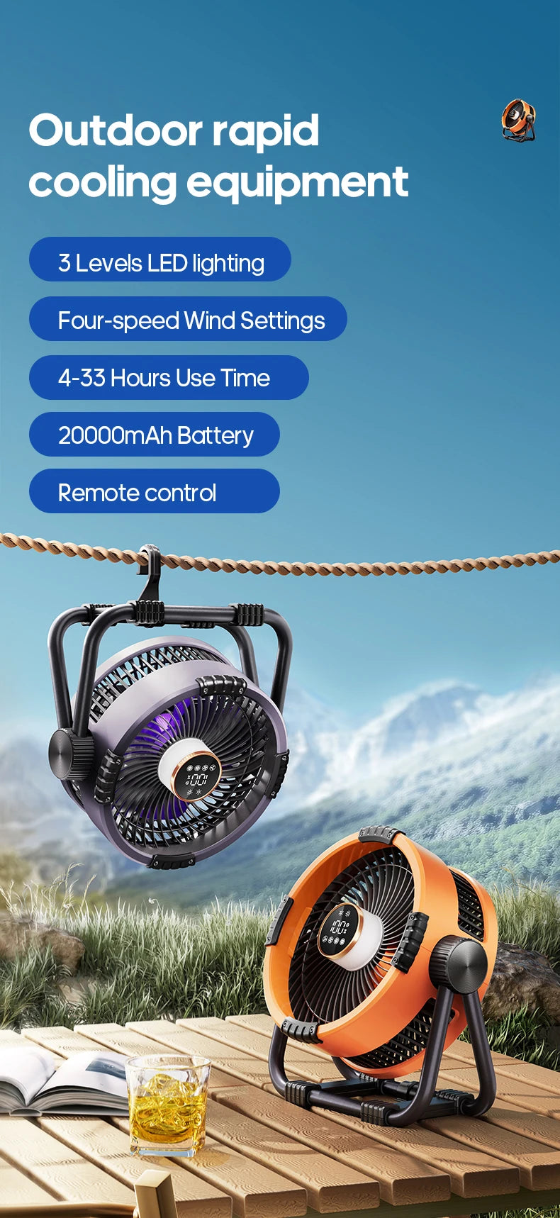 Portable 6 in 1 Outdoor Camping Fan 20000mAh Rechargeable Wireless Tent Ceiling Fan 4 Speed ​​Adjustment LED Lighting Power Bank