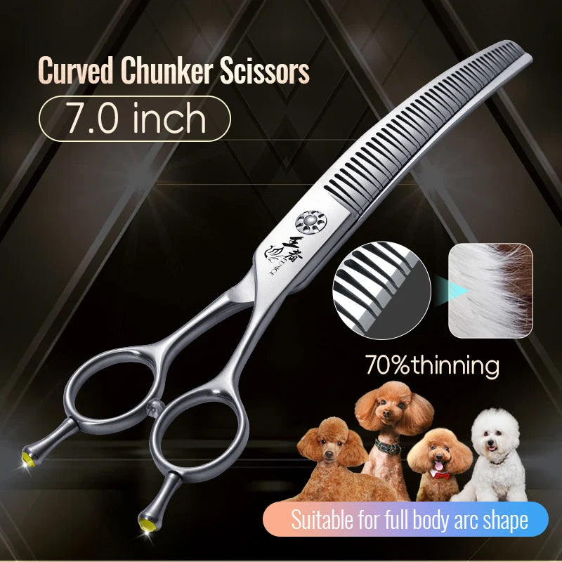 Fenice 7.0/7.5 inch Professional Dog Grooming Shears Curved Thinning Scissors for Dog Face Body Cutiing JP 440C High Quality