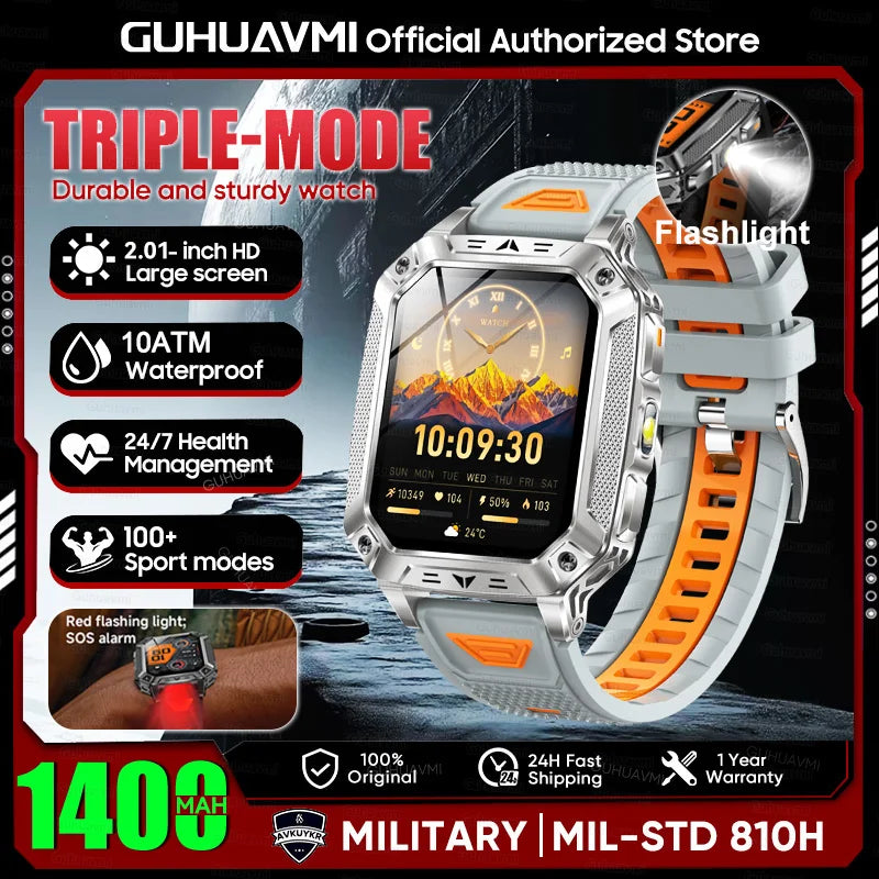 New Rugged Military Smart Watch Men 1400mAh Battery 2.01inch AMOLED Bluetooth Call 10ATM Waterproof LED Flashlight Smart Watch