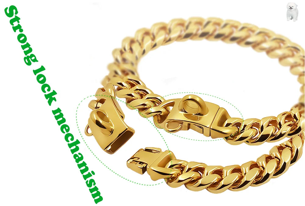 Metal Dog Collar Stainless Steel Pet Choker Gold Cuban Link Chain 14mm Wide Lead for Small Medium Large Dogs Pet Accessories