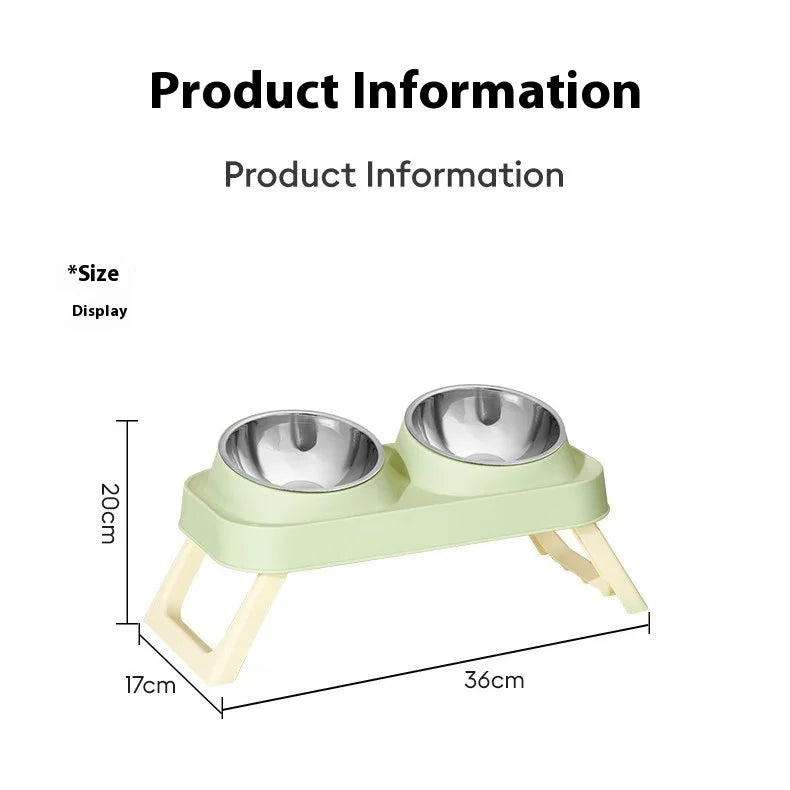 Foldable Stainless Steel Elevated Pet Bowl - Dual Dish Non-Slip Anti-Tip Raised Feeder with Neck Support for Cats Dogs