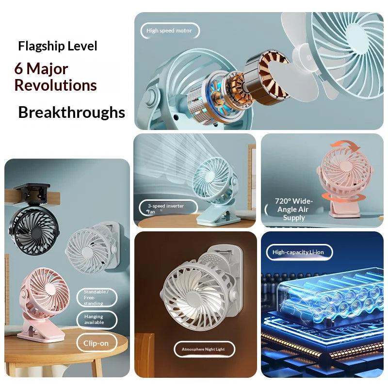HOMEFISH Portable Rechargeable Clip Fan 720° Rotatable Hanging Fan with Night Light Air Cooler for Outdoor Camping Fan