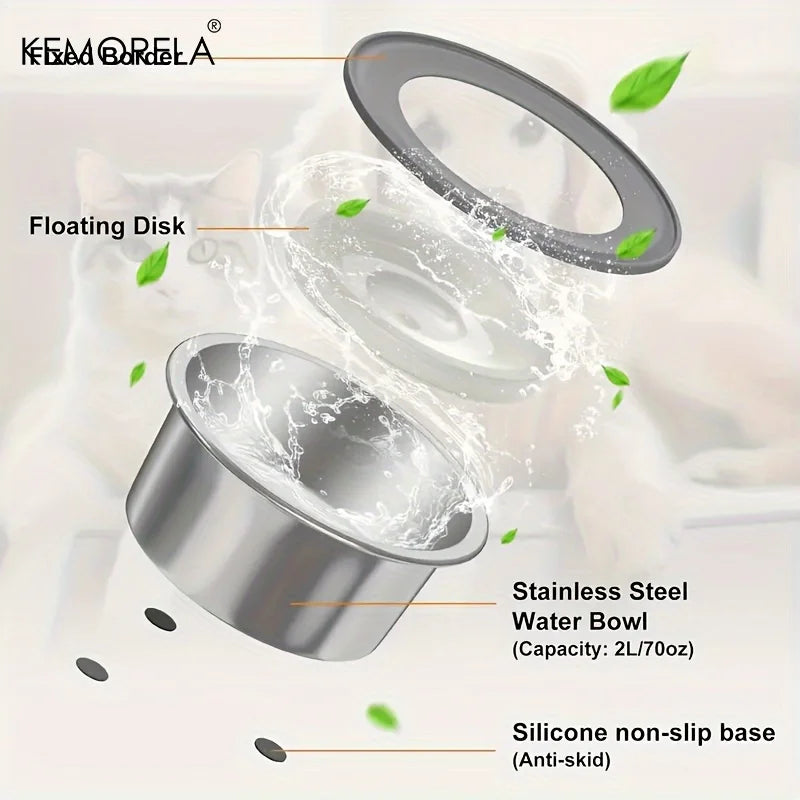 Stainless steel dog water bowl with floating disc design, non-wet mouth anti-tail pet drinking bowl, slow feeder water for dogs.