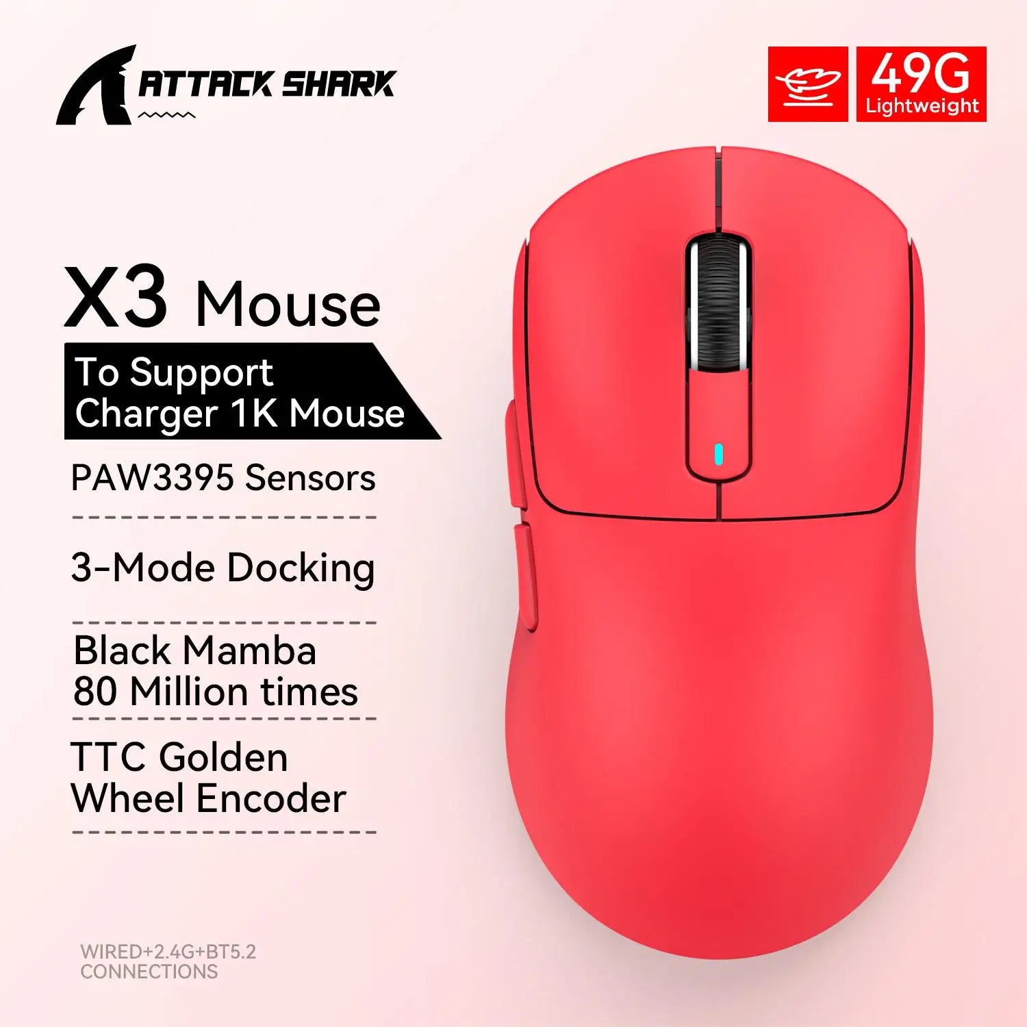 X3 Gaming Mouse Wireless ATTACK SHARK Red Color 4K Returns,Bluetooth Tri-Mode Connection,PAW3395,Macro Bluetooth Mouse Gaming