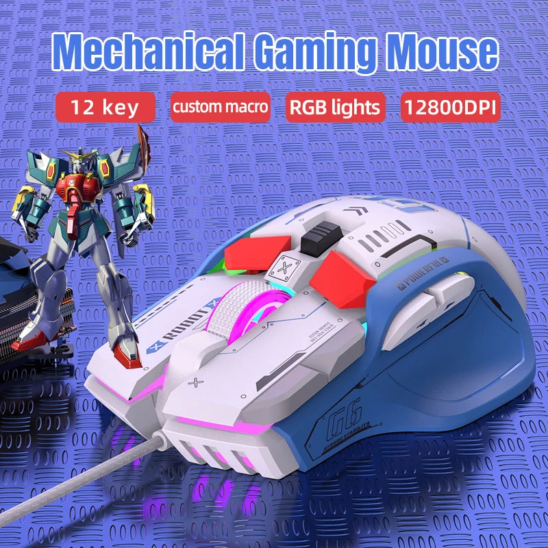 Mechanical Gaming Mouse FreeWolf G6 12-keys Wired Mouse ChipA826 RGB Macro-programmable Ergonomic Superior Design for Gaming