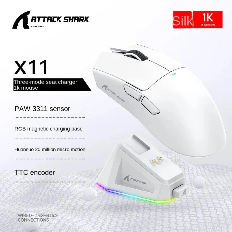 Attack Shark X11SE X11 PAW3311 Bluetooth Mouse, Tri-mode connectivity, Magnetic charging dock, Touchscreen, Ultralight gaming mouse