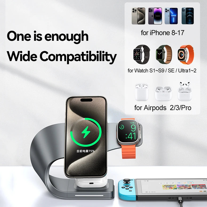 4 in 1 Wireless Charger Metal Shell Magnetic 15W Fast Charging Station Stand for iPhone 12-17 Mobile Phones Airpods Apple Watch