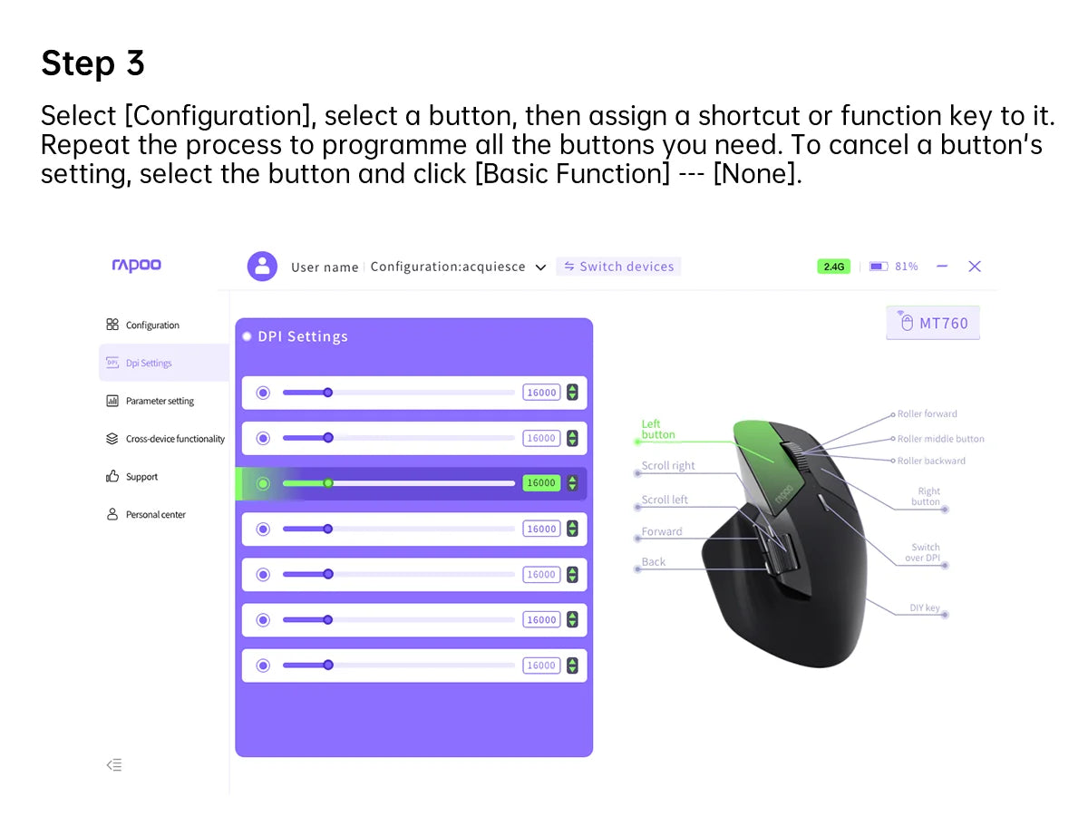 Rapoo MT720L Multimodo Rechargeable Wireless Mouse 4000 DPI Bluetooth Mouse Easy-Switch Up to 4 Devices