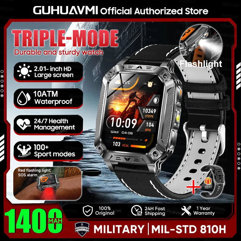New Rugged Military Smart Watch Men 1400mAh Battery 2.01inch AMOLED Bluetooth Call 10ATM Waterproof LED Flashlight Smart Watch