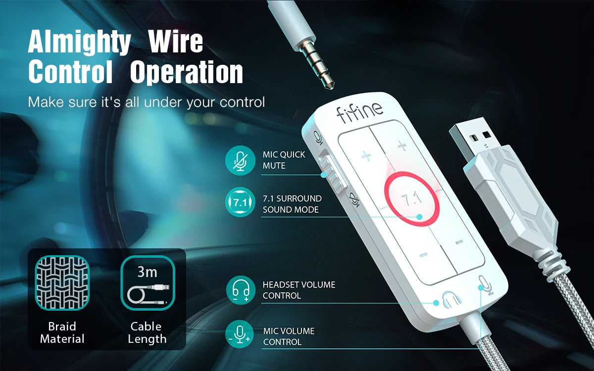 FIFINE H9W — Headset Gaming 7.1 USB/3.5 mm com Mic Over‑Ear para PC/PS5