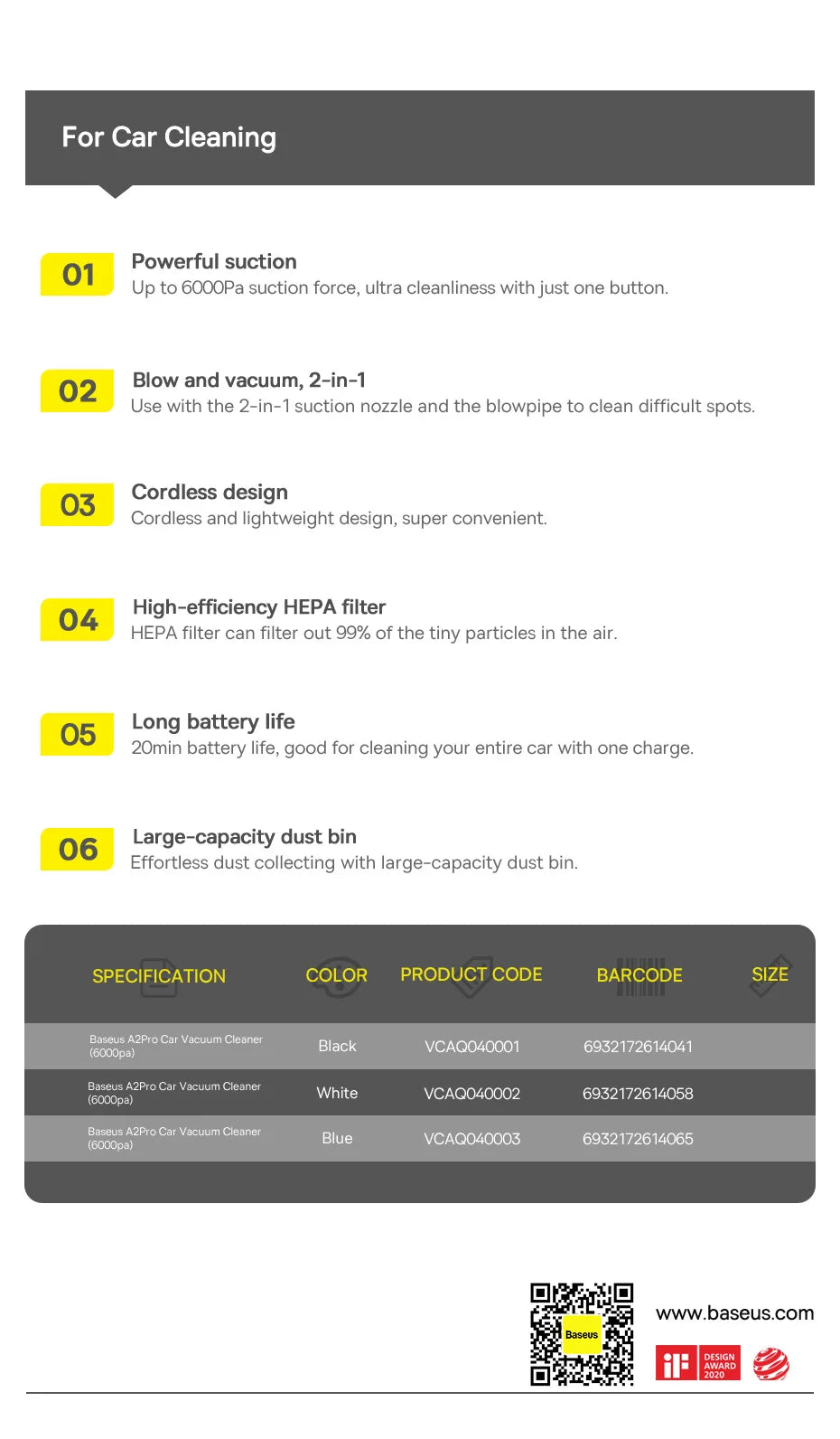 Aspirador Portátil Baseus 6000Pa 2‑em‑1 para Carro, Casa e Escritório