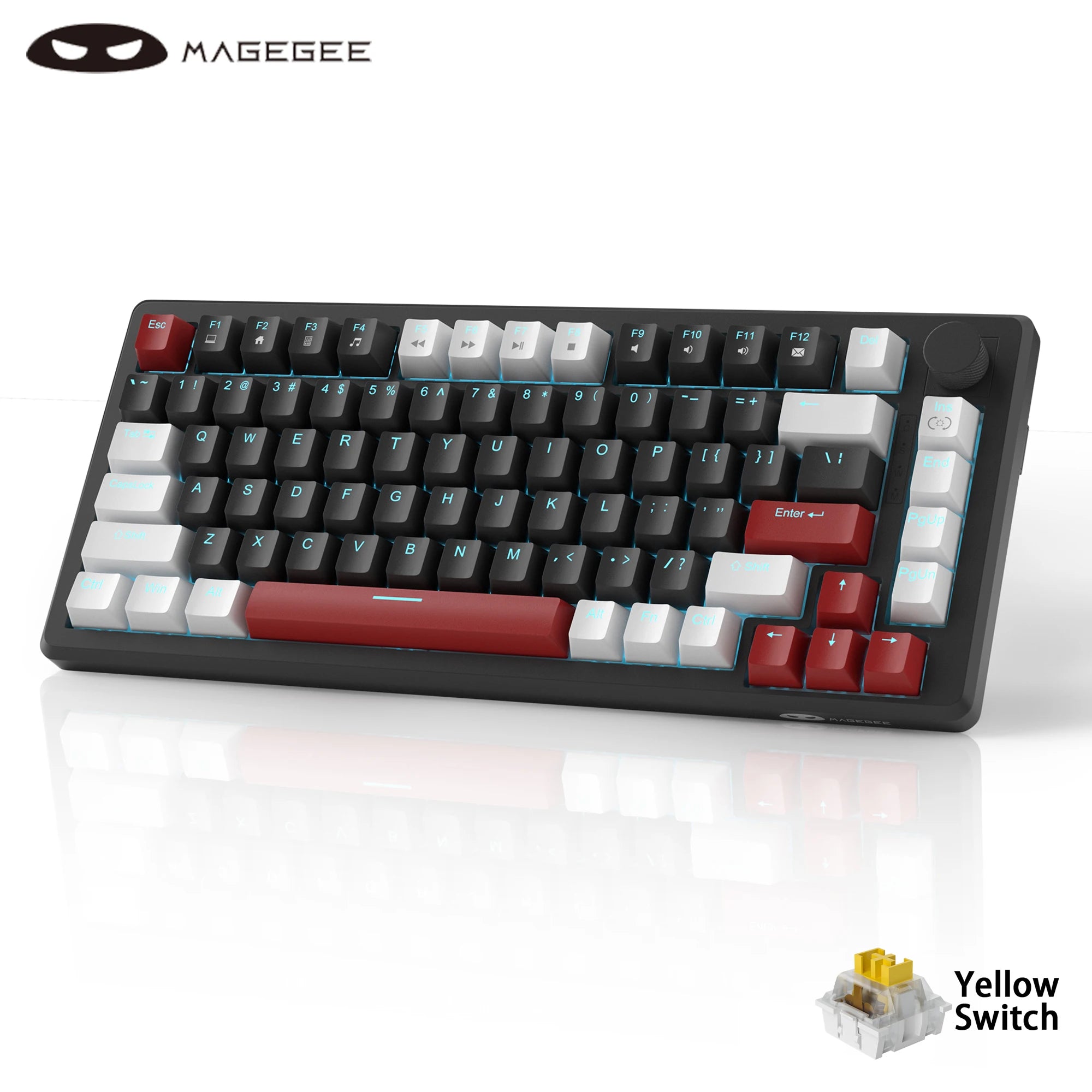 MageGee 75% Mechanical Gaming Keyboard with Knob Control, Blue Backlit Wired Gaming Keyboard Red/Yellow Switch for Windows PC
