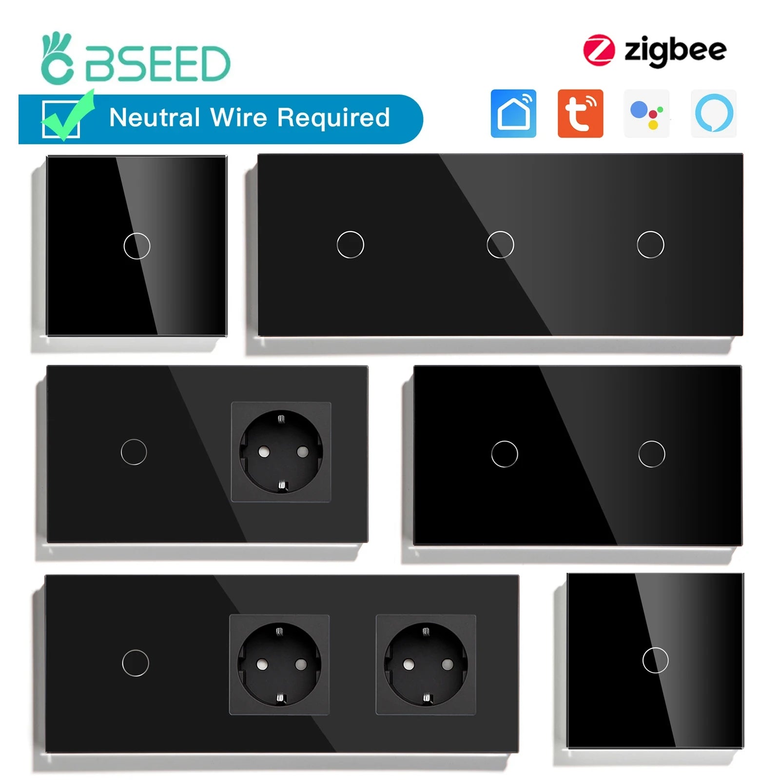 BSEED Zigbee Touch Switch — 1/2/3 Gang + Tomadas EU com Neutro