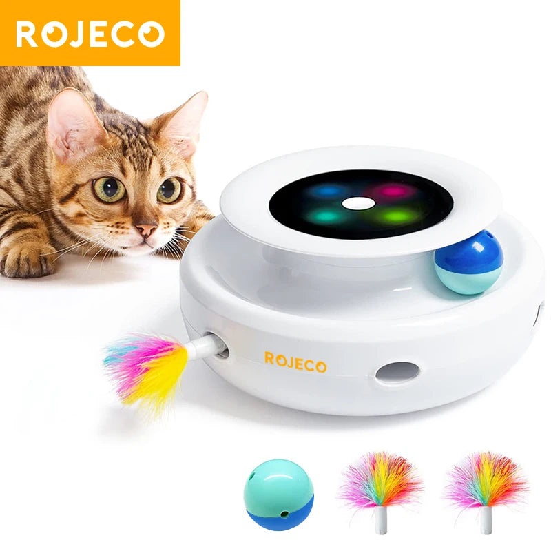 ROJECO 2 in 1 Smart Cat Toys Automatic Feather Fun Ball Toy Set for Cat and Dog - 5 Modes - Interactive Electronic Pet Accessories and Toys