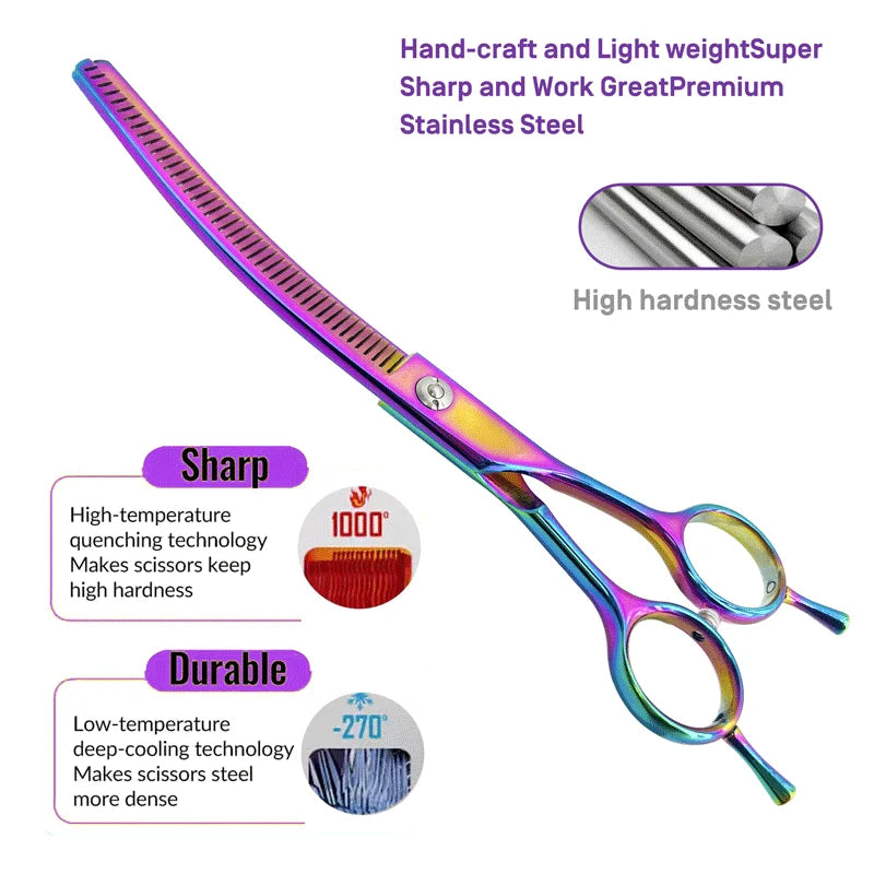 Colorful curved dog trimming clippers, 7.0 inch professional dog cutting scissors, pet trimming scissors.