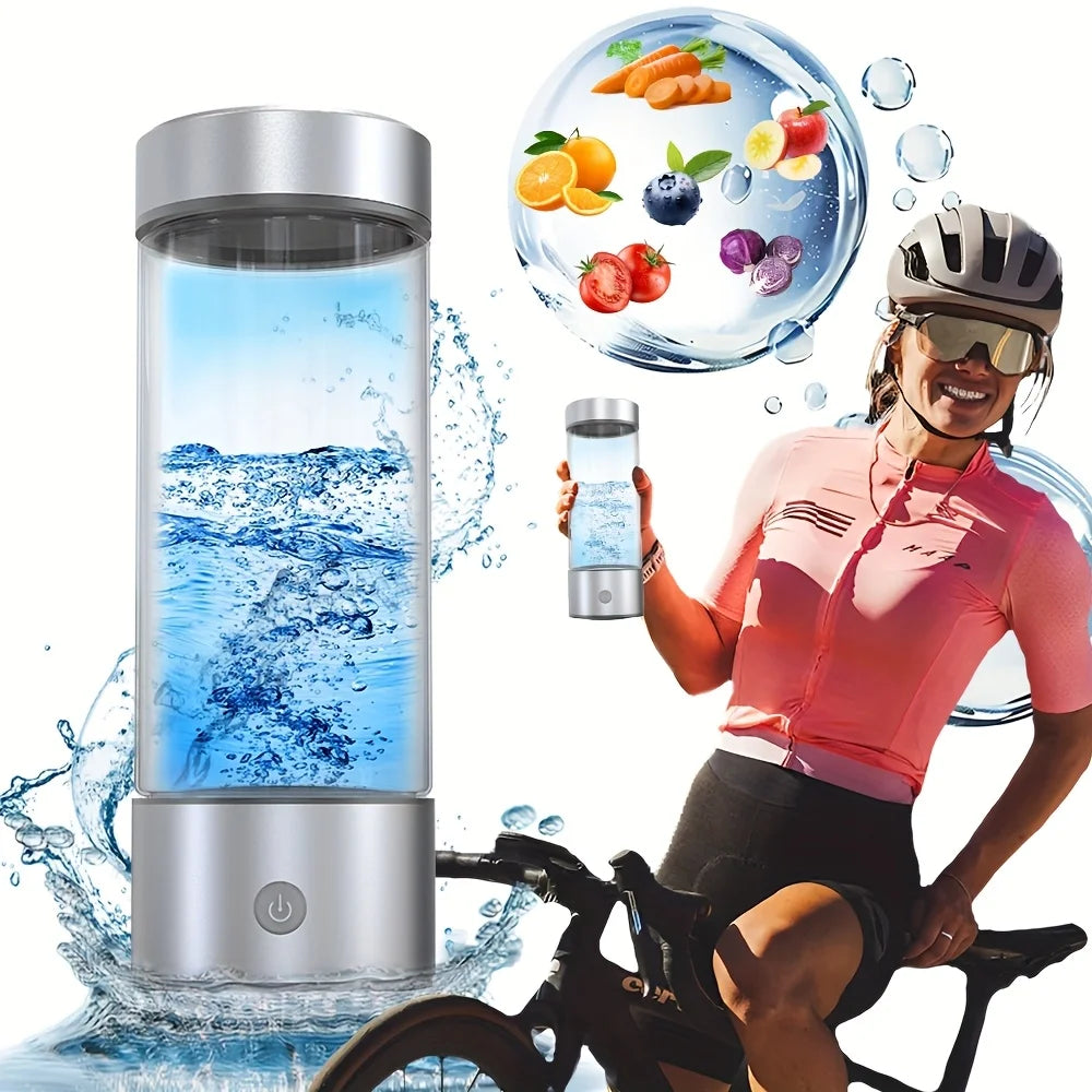 A bottle of hydrogen water, a glass of hydrogen-rich water, a USB-powered hydrogen electrolysis generator (3-minute charge), fitness equipment.