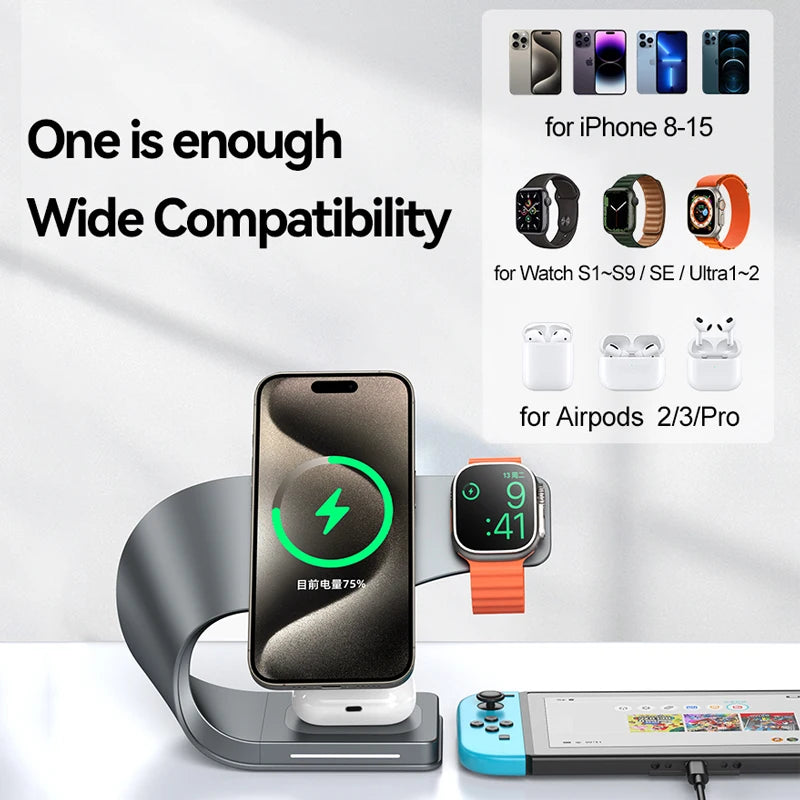 4 in 1 Wireless Charger Metal Shell Magnetic 15W Fast Charging Station Stand for iPhone 12-17 Mobile Phones Airpods Apple Watch