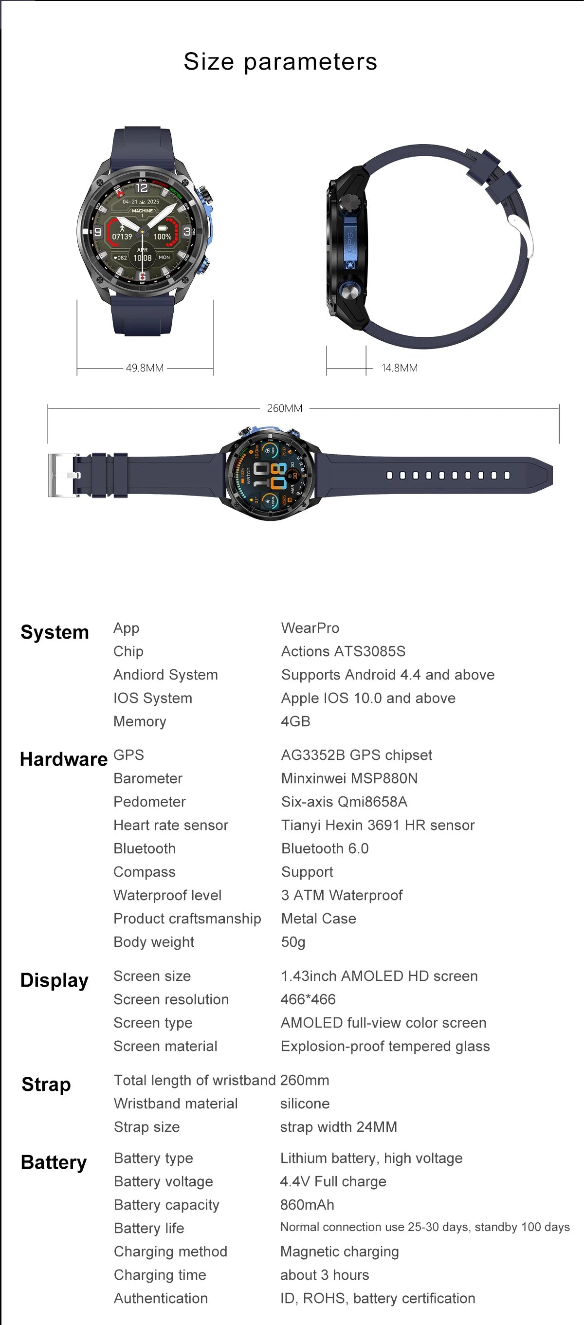 Smartwatch Militar 2025 – Mapas Offline, Memória 4GB e Multimédia Completa