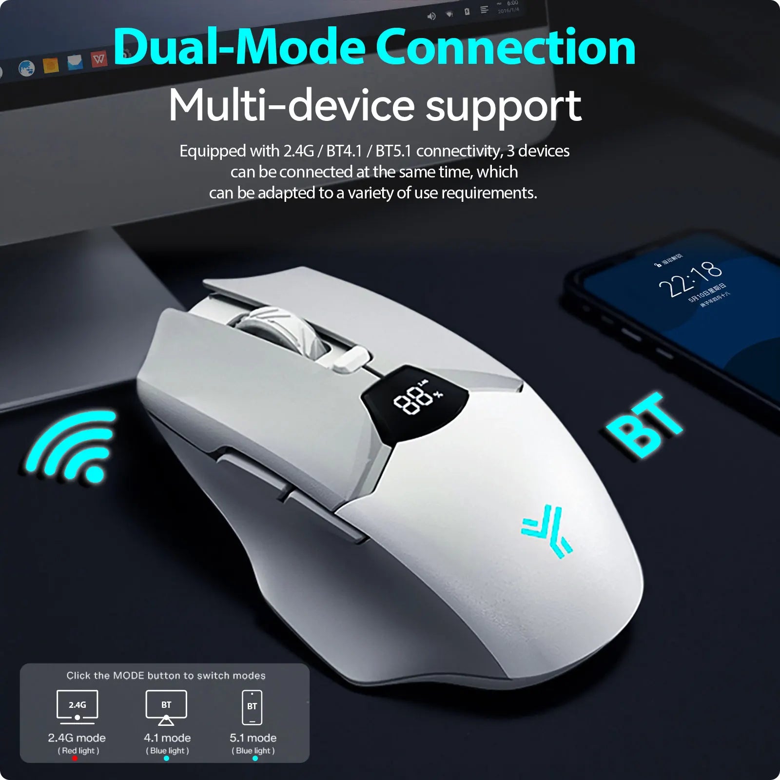 Wireless Bluetooth mouse with digital battery display, silent ergonomic mouse for PC Laptop Gaming, 2.4G / Bluetooth 5.0